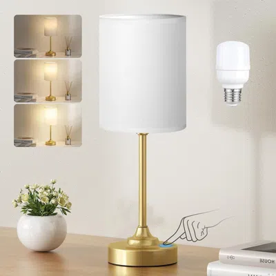 Kayestyle Gold Nightstand Bedroom Lamp - 3 Way Dimmable Bedside Lamp, Small Table Lamp Linen Lampshade For Off