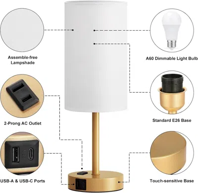 Kayestyle Gold Nightstand Bedroom Lamp - 3 Way Dimmable Bedside Lamp Usb C A Charging Ports And Ac Outlet, Sma