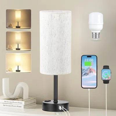 Kayestyle Light Beige Table Lamp For Nightstand - 3 Way Dimmable Bedside Lamp For Bedroom With Usb C A Chargin