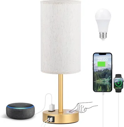 Kayestyle Touch Table Lamp - Cream, 3-way Dimmable, Usb A + C Charging, Ac Outlet, 17.4inch Medium, Gold Metal