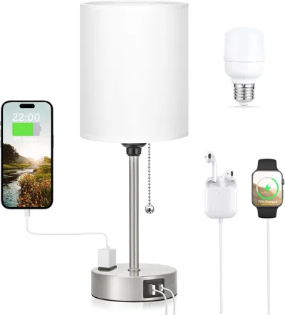 Kayestyle White Bedside Lamp For Bedroom - 3 Color Temperatures Desk Lamp With Usb C And A Ports, Pull Chain T