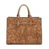 Kayla + Ava Hibiscus Floral Embossed Tote W/shoulder Strap In Brown In Brown