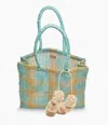 Kayu Olive Straw Tote Bag In Aqua In Blue