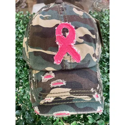 Kbethos Women's Distressed Ribbon Hope Baseball Cap In Camo In Pink