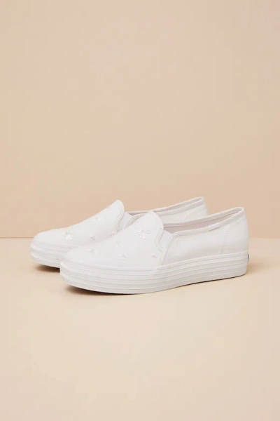 Keds Triple Decker Snow White Canvas Embroidered Platform Sneakers