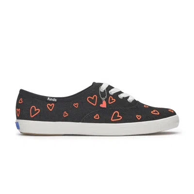 Keds Women's Champion Denim Heart Embroidery Lace Up Canvas Sneakers In Black/red