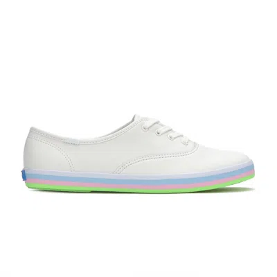 Keds Women's Champion Leather Foxing Stripe Lace Up Leather Sneakers In Snow White/multi