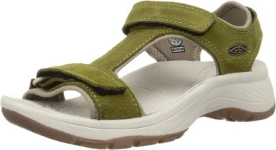 Pre-owned Keen Women's Astoria West T Strap Open Toe Wedge Sandals In Olive Drab Leather