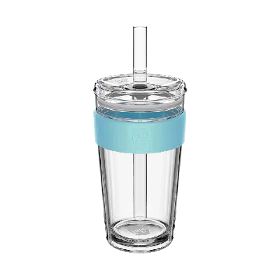 Keepcup Blue  Cold Cup Longplay Boba Straw Lid - 16oz/454ml Reusable Glass Coffee Cup - Cloud In Gray