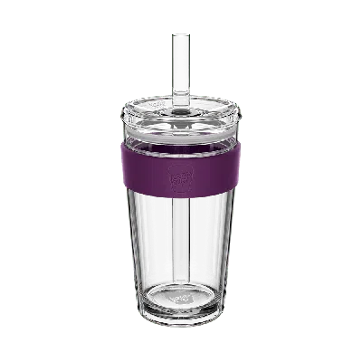 Keepcup Purple  Cold Cup Longplay Boba Straw Lid - 16oz/454ml Reusable Glass Coffee Cup - Merlot In Transparent
