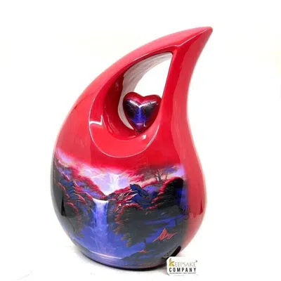 Pre-owned Keepsake Extra Large Nature Cremation Tea Drop Urn 13" Male Female Funeral Human Ashes In Red & Blue