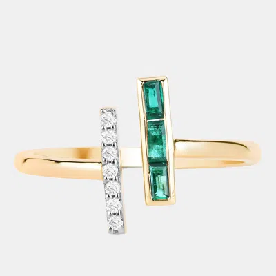 Pre-owned Keesh Jewels 0.18 Cts Emerald And Diamond 14k Yellow Gold Bypass Bar Ring Us Size 7