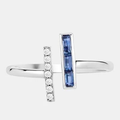 Pre-owned Keesh Jewels 0.25 Cts Blue Sapphire And Diamond 14k White Gold Bypass Bar Ring Us Size 7