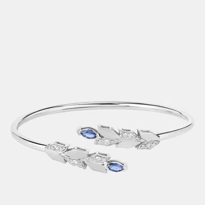 Pre-owned Keesh Jewels 0.50 Cts Blue Sapphire And Diamond 14k White Gold Bypass Bangle