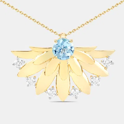 Pre-owned Keesh Jewels 0.68 Cts Aquamarine And Diamond 14k Yellow Gold Floral Fan Pendant
