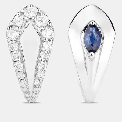 Pre-owned Keesh Jewels 0.72 Cts Blue Sapphire And Diamond 14k White Gold Huggie Earrings