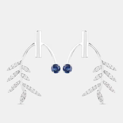 Pre-owned Keesh Jewels 0.75 Cts Blue Sapphire And Diamond 14k White Gold Laurel Vine Earrings