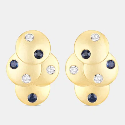 Pre-owned Keesh Jewels 1.00 Cts Blue Sapphire And Diamond 14k Yellow Gold Layered Disc Studs