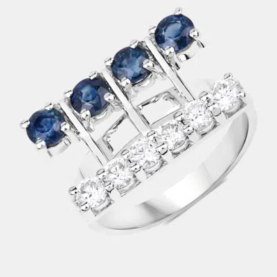 Pre-owned Keesh Jewels 1.34 Cts Blue Sapphire And Diamond 14k White Gold Bar Ring Us Size 7