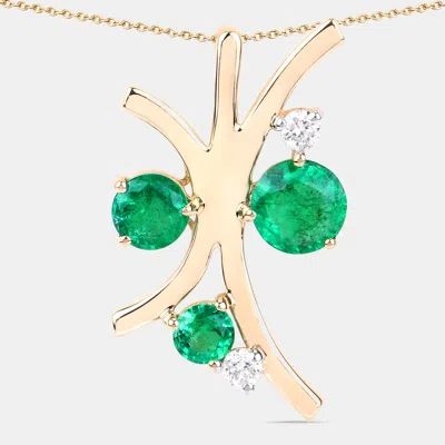 Pre-owned Keesh Jewels 1.56 Cts Emerald And Diamond 14k Yellow Gold Nature Inspired Pendant