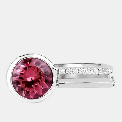 Pre-owned Keesh Jewels 1.92 Cts Pink Tourmaline And Diamond 14k White Gold Statement Ring Us Size 7.25