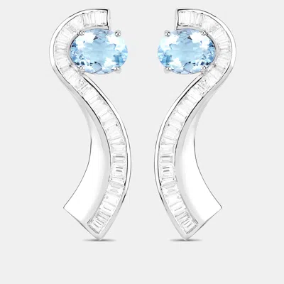 Pre-owned Keesh Jewels 3.46 Cts Aquamarine And Diamond 14k White Gold Jacket Earrings