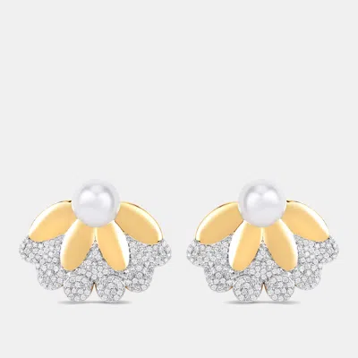 Pre-owned Keesh Jewels 4.00 Cts Pearl And Diamond 14k Yellow Gold Petal Bloom Studs
