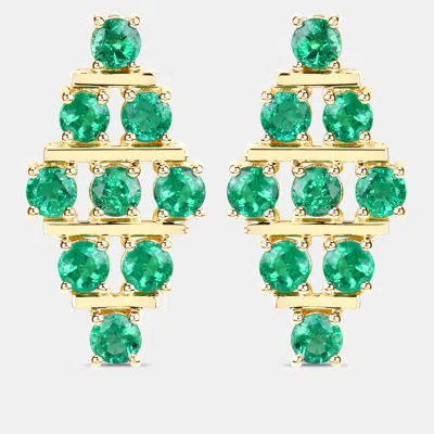 Pre-owned Keesh Jewels 4.45 Cts Emerald 14k Yellow Gold Multi-row Cluster Earrings