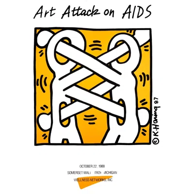 Pre-owned Keith Haring Art Attack On Aids Contemporary Urban Art Lithographic Poster 1988 In Orange