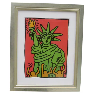 Pre-owned Keith Haring "statue Of Liberty" Abstract Pop Art Offset Lithograph Print Framed In Brown