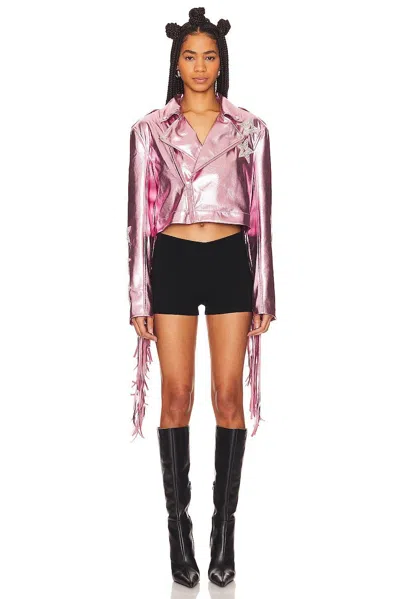 Pre-owned Kelsey Randall $598  X Revolve "senna' Faux Leather Moto Fringe Jacket Pink M