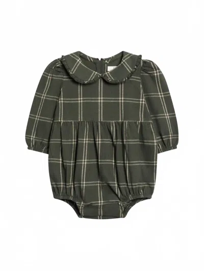 Kendi Kids' Girl's Aven Flannel Bubble Collared Romper In Pine Plaid In Green