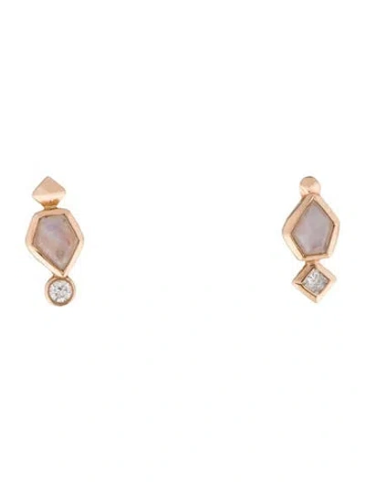 Pre-owned Kendra Scott 14k Moonstone Labradorite & Diamond Stud Earrings In Multi