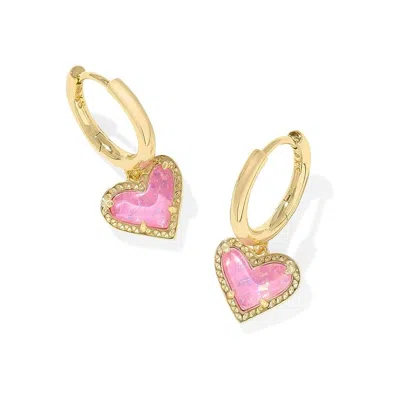 Kendra Scott Ari Heart Gold Huggie Earrings In Pink Iridescent In White