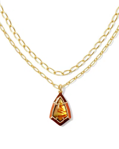 Kendra Scott Camry Enamel Frame Multi Strand Necklace In Gold Marbled Amber Illusion