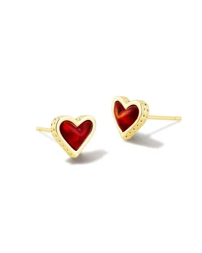 Kendra Scott Framed Ari Heart Stud Earring In Gold Red Opalescent Resin In Multi