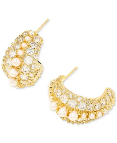 Kendra Scott Gold-tone Cultured Freshwater Pearl (2mm) & Crystal Pave Small Half Hoop Earrings In Gold White