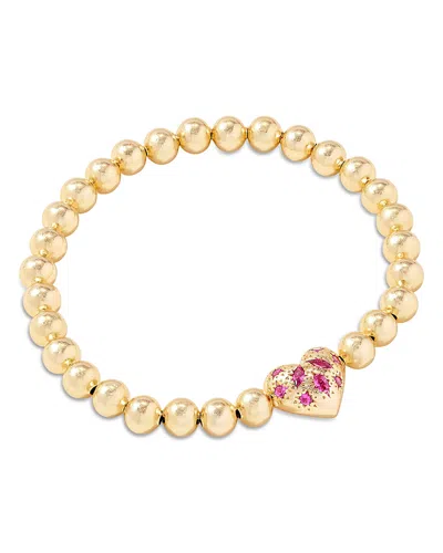 Kendra Scott Holland 14k Gold Plated Mixed Cut Stone Heart Charm Beaded Stretch Bracelet In Gold Pink