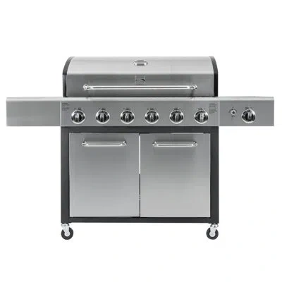 Kenmore 6 - Burner Free Standing Liquid Propane 73000 Btu Gas Grill With Side Burner And Cabinet In Silver
