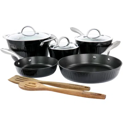 Kenmore Logan 10 Piece Aluminum Nonstick Cookware Set In Black With Wood Utensils
