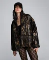 Kenneth Cole Animal Foiled Satin Lightweight Seamed Puffer Jacket In Black