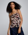 Kenneth Cole Animal Print Satin Foldover Spaghetti Strap Cami In Brown