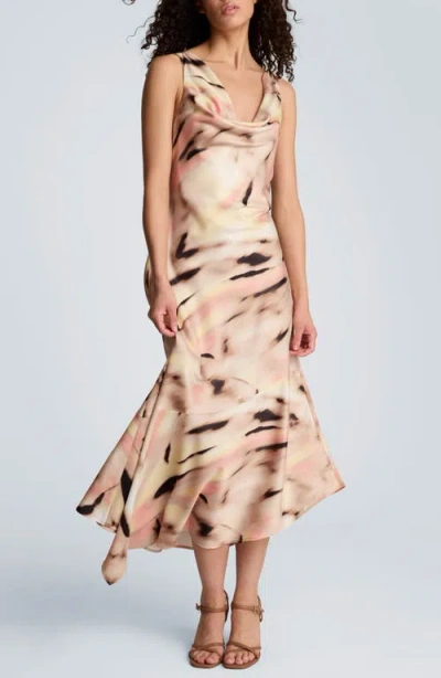 Kenneth Cole Satin Asymmetrical Hem Cowl Neck Dress In Multi