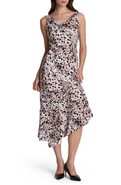 Kenneth Cole Asymmetrical Cowl Neck Satin Slip Dress In Brown