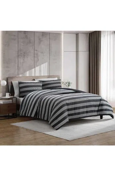Kenneth Cole Banded Stripe Grid 3-piece Comforter Set In Black