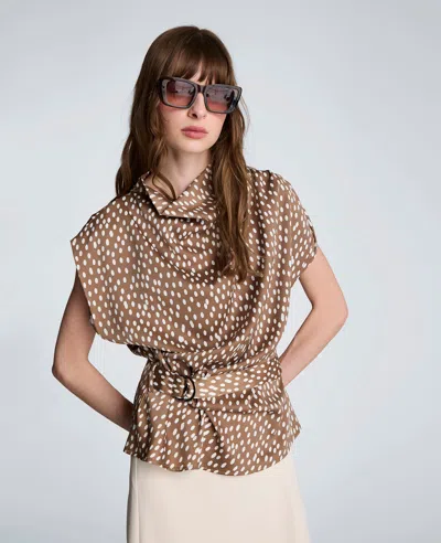 Kenneth Cole Belted Drape Neck Satin Top In Brown