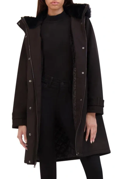 Kenneth Cole Belted Faux Fur Trim Hooded Coat In Black