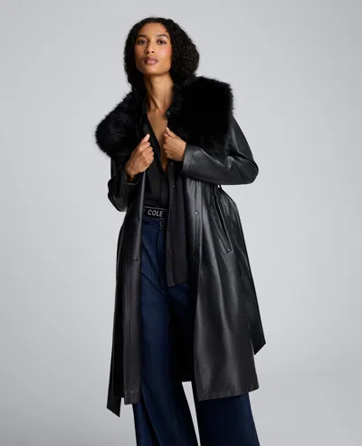 Kenneth Cole Belted Faux Leather Trench Coat With Faux Fur Collar In Black