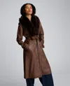 Kenneth Cole Belted Faux Leather Trench Coat With Faux Fur Collar In Brown