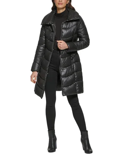 Kenneth Cole Belted Funnel Neck Puffer Coat In Black